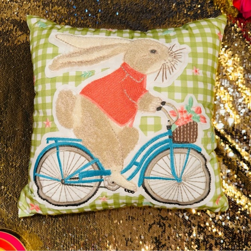 Easter decorative pillow plush bunny riding bicycle